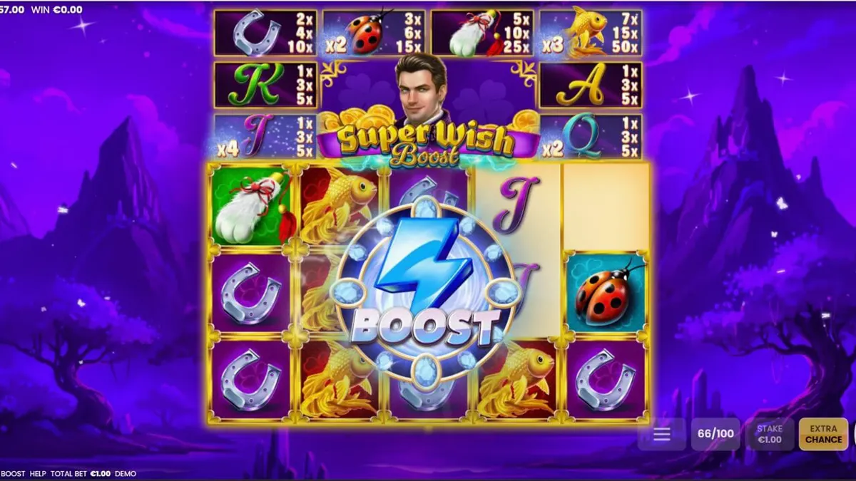 Tampilan visual slot Super Wish Boost dengan tema fantasi magis