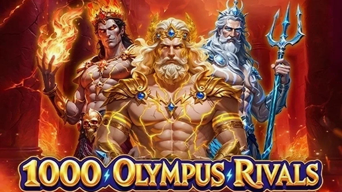 Tampilan antarmuka permainan slot 1000 Olympus Rivals dengan latar belakang mitologi.